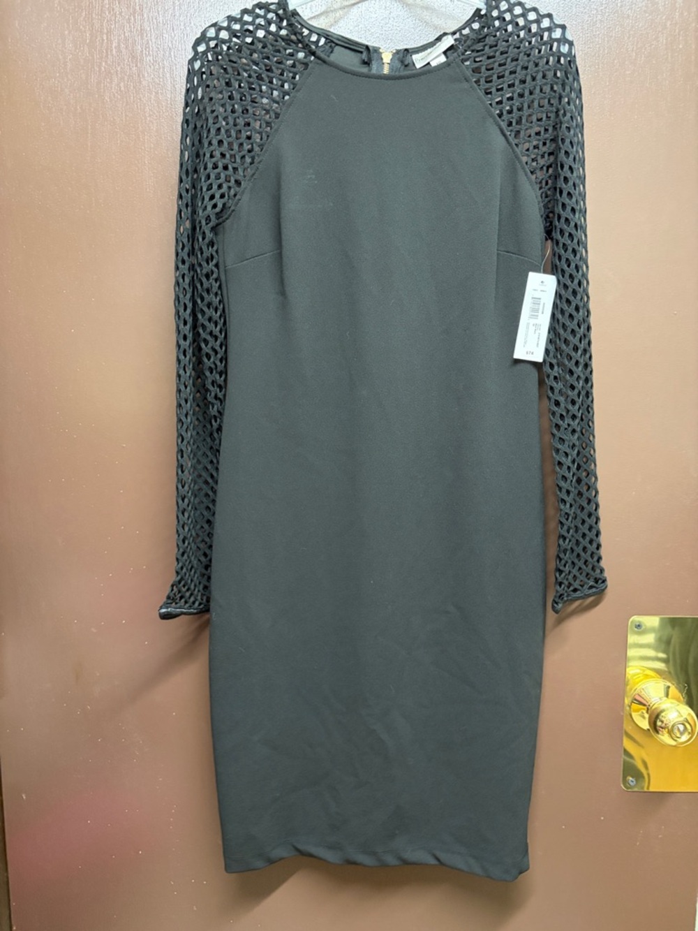 Premier Black Long-Sleeve Sheath Dress with Openwork Mesh Sleeves